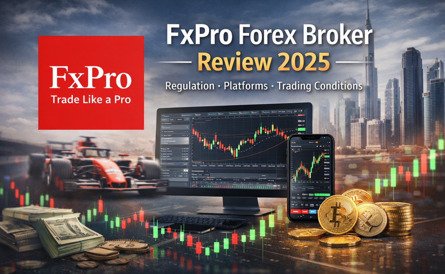 FxPro Forex Broker Review 2026: Trading platforms and financial elements with the FxPro logo