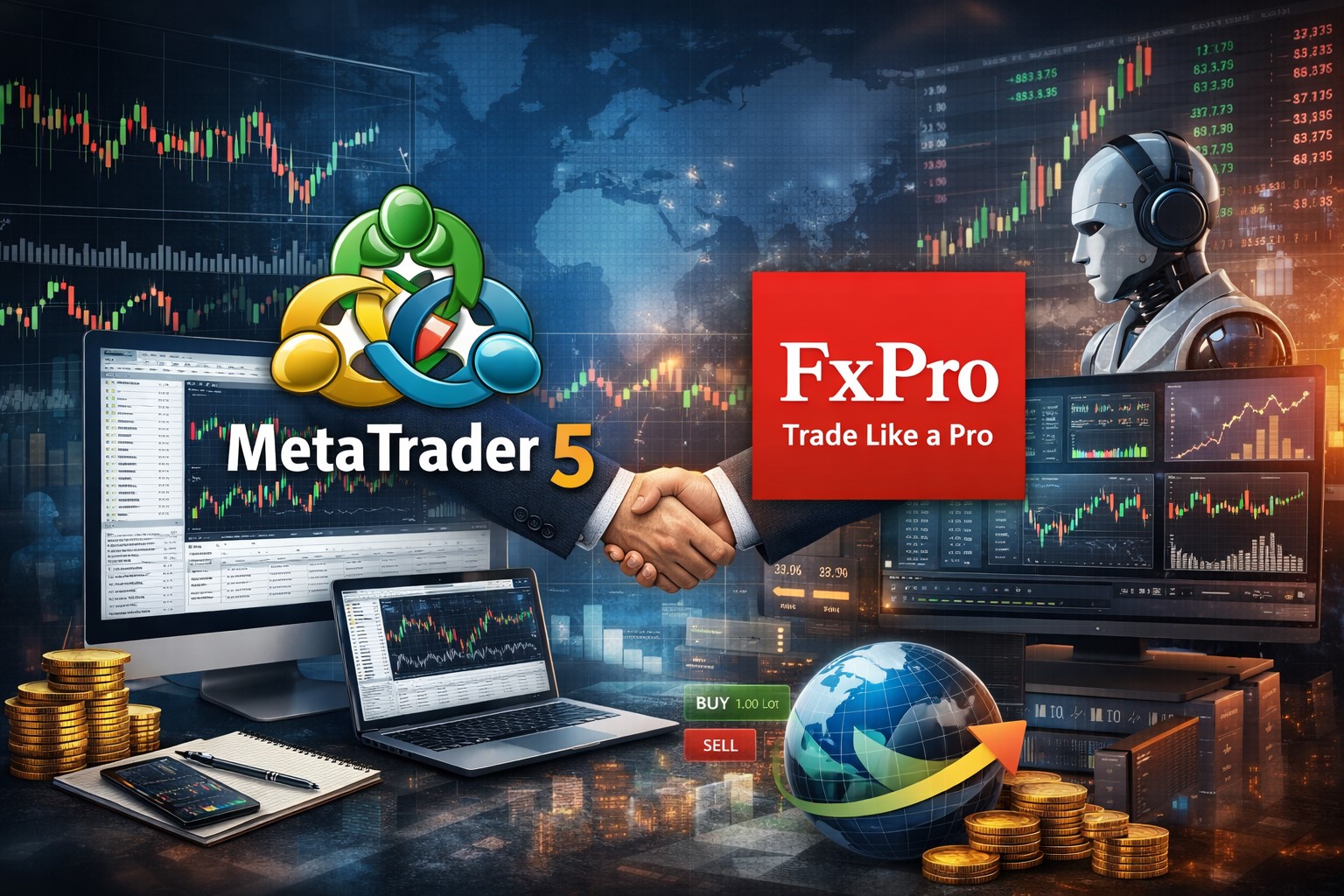 Illustration depicting the integration of MetaTrader 5 (MT5) with FXPro broker services, featuring a handshake between professionals, a laptop, desktop, smartphone, and financial charts.