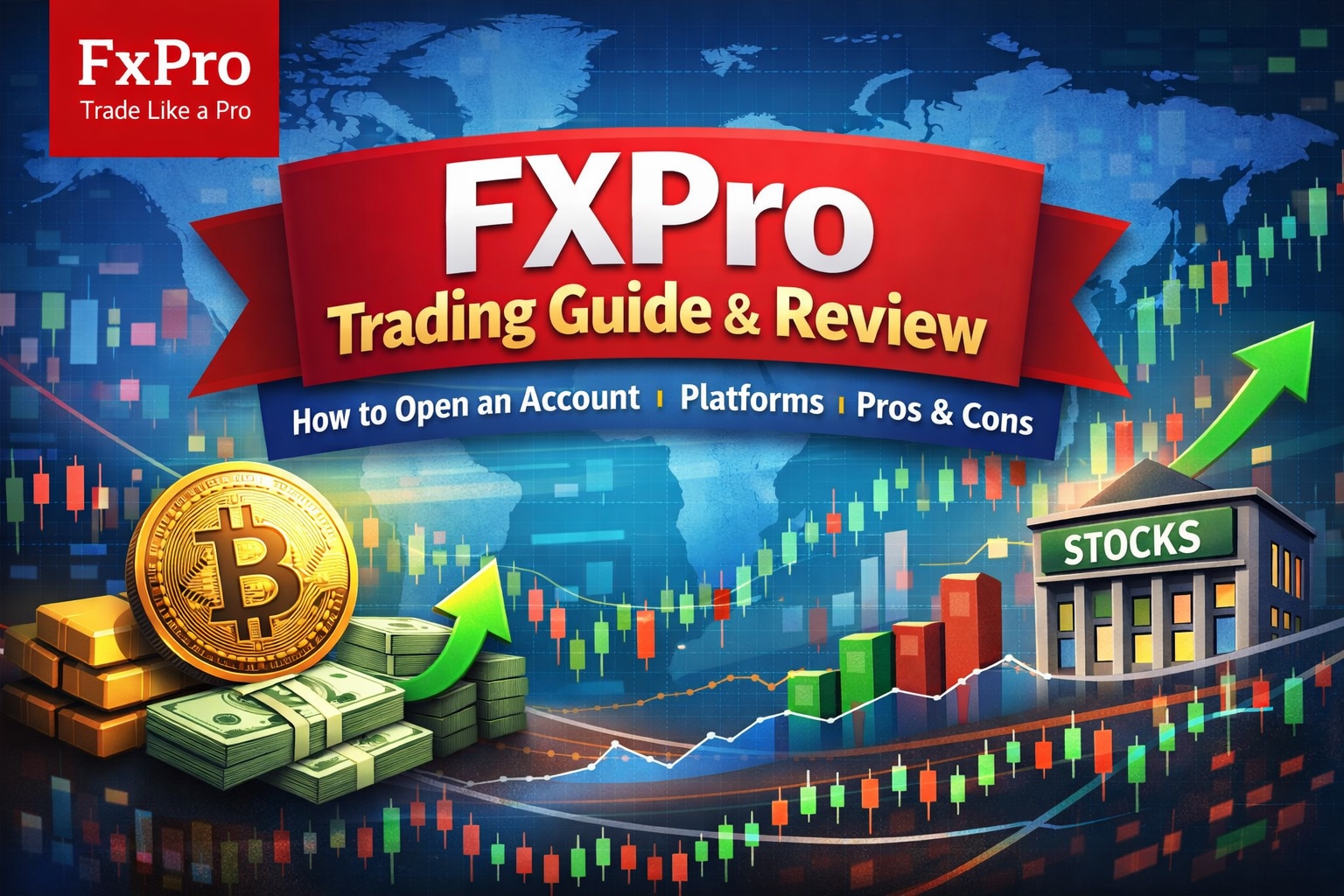 “FXPro trading account dashboard on a laptop with forex charts, candlesticks, currency pairs, and financial graphs representing online forex and CFD trading”