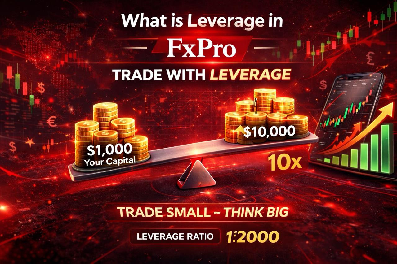 FXPro leverage explained showing how $1000 capital can control $10000 with 10x leverage in forex trading