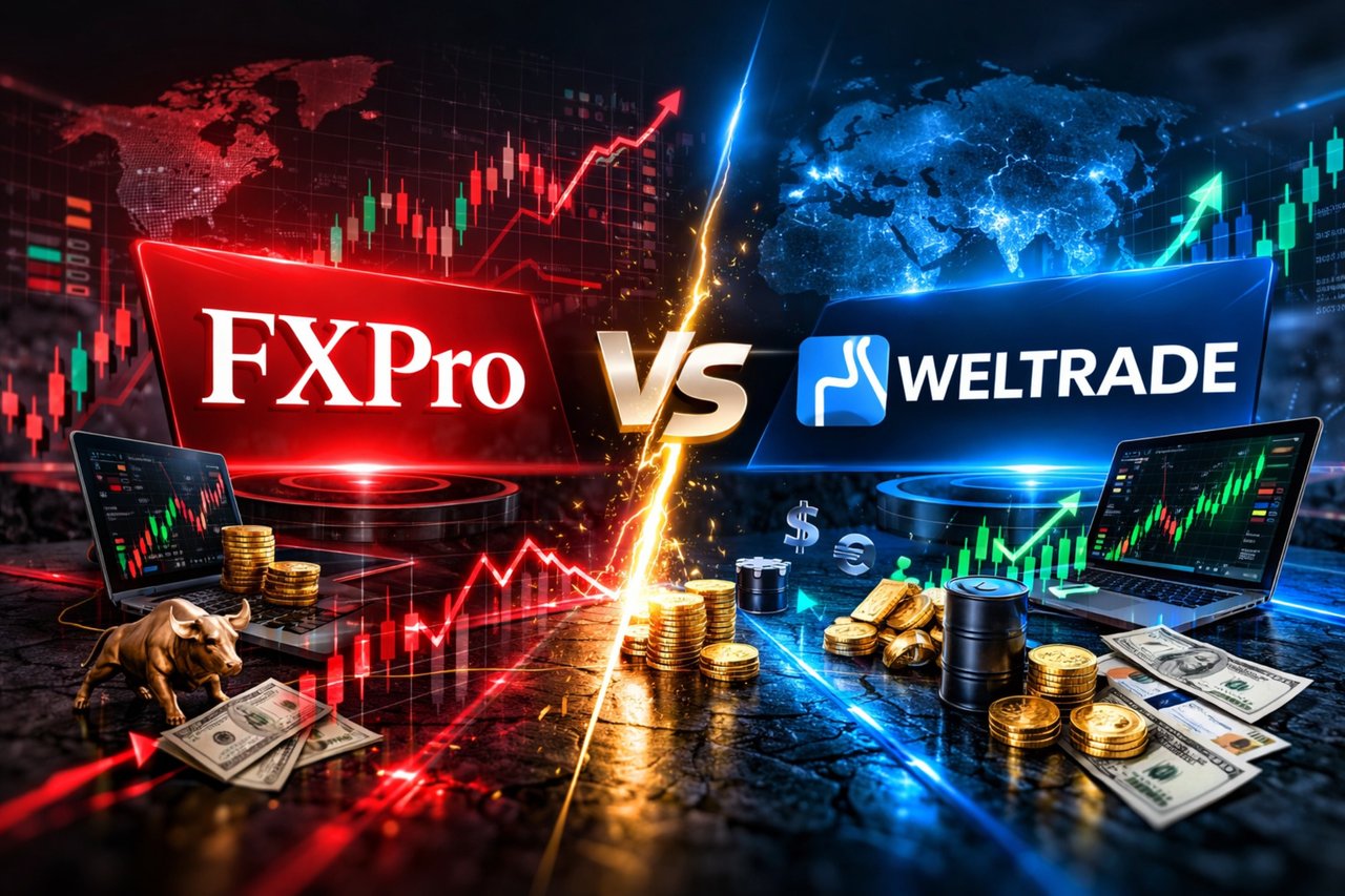 FXPro vs Weltrade broker comparison 2026 showing trading charts and platforms