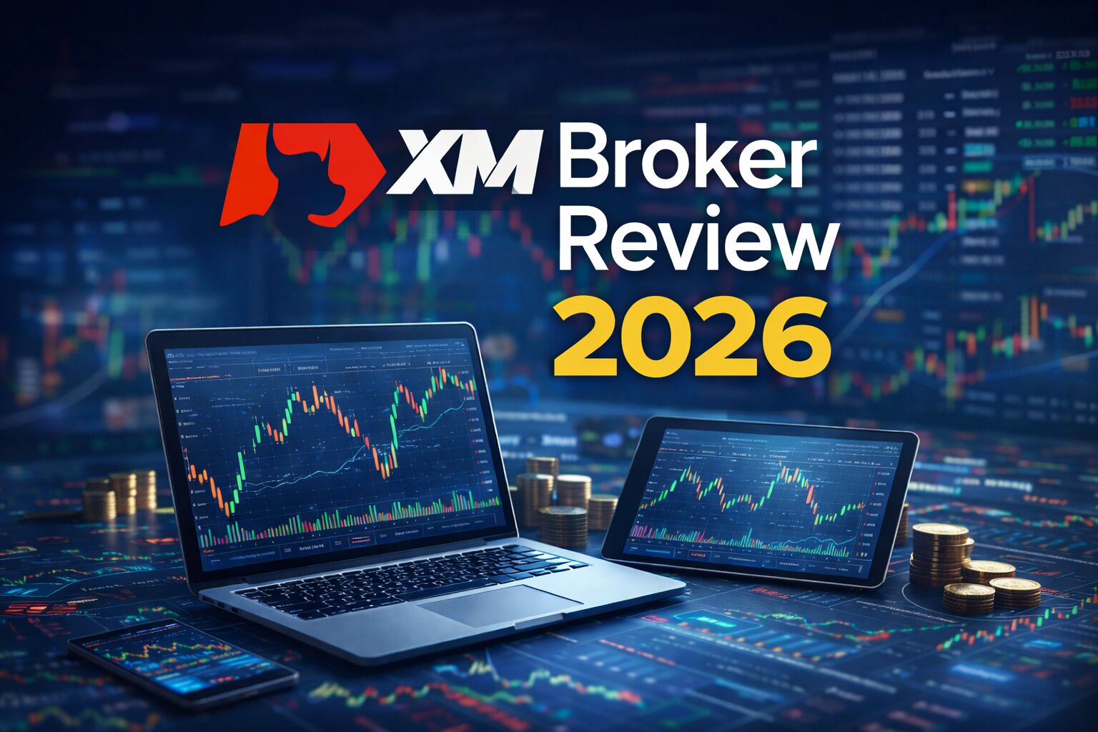 XM Broker Review 2026 cover image with trading charts on laptop and tablet screens