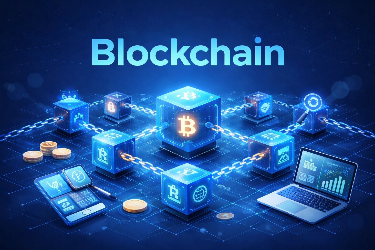 Blockchain illustration with connected digital blocks and crypto network elements