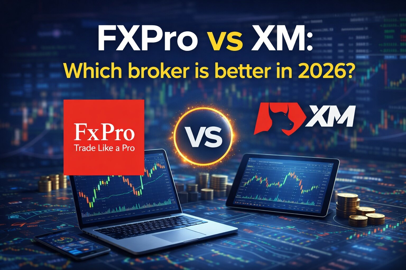 FXPro vs XM comparison cover image with broker logos and trading charts