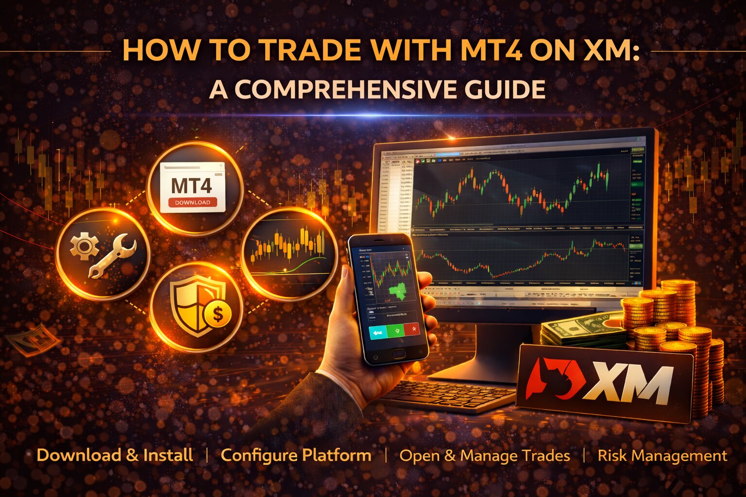 MT4 trading on XM illustration showing desktop and mobile trading platforms with live charts, setup icons, trading tools, and XM branding in a gold-and-dark financial scene.