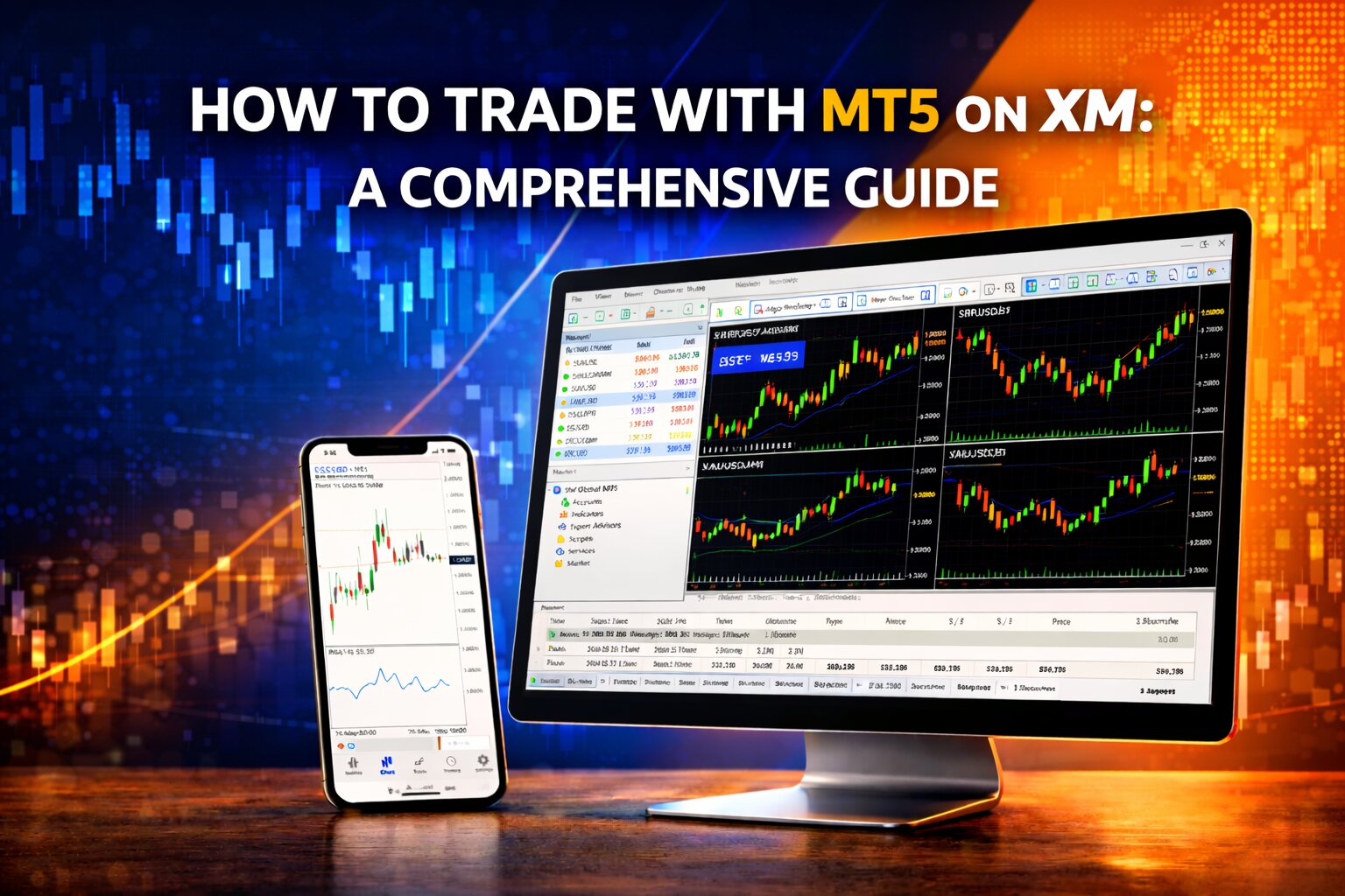 How to trade with MT5 on XM illustration featuring desktop monitor and smartphone with live trading charts on a blue and orange financial background.