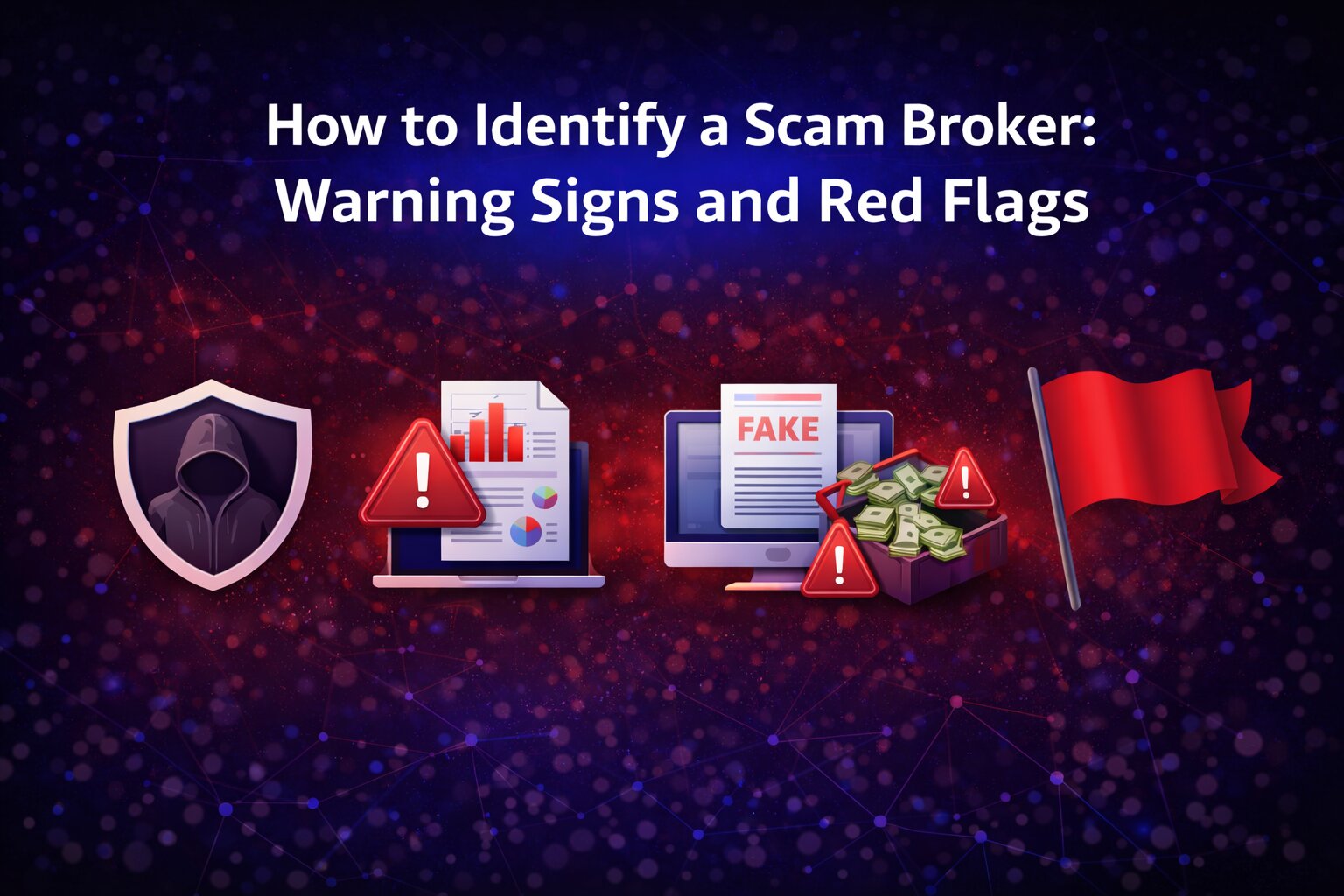 How to identify a scam broker illustration with bold title on dark blue background, featuring warning icons like a hooded figure, fake document, alert symbols, cash box, and a red flag representing trading risks.