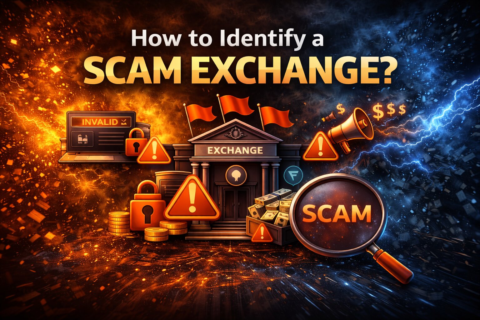 Dramatic scam exchange illustration with a glowing exchange building, warning icons, lock and cash symbols, red flags, and a magnifying glass highlighting the word “SCAM” against a fiery orange and electric blue background.
