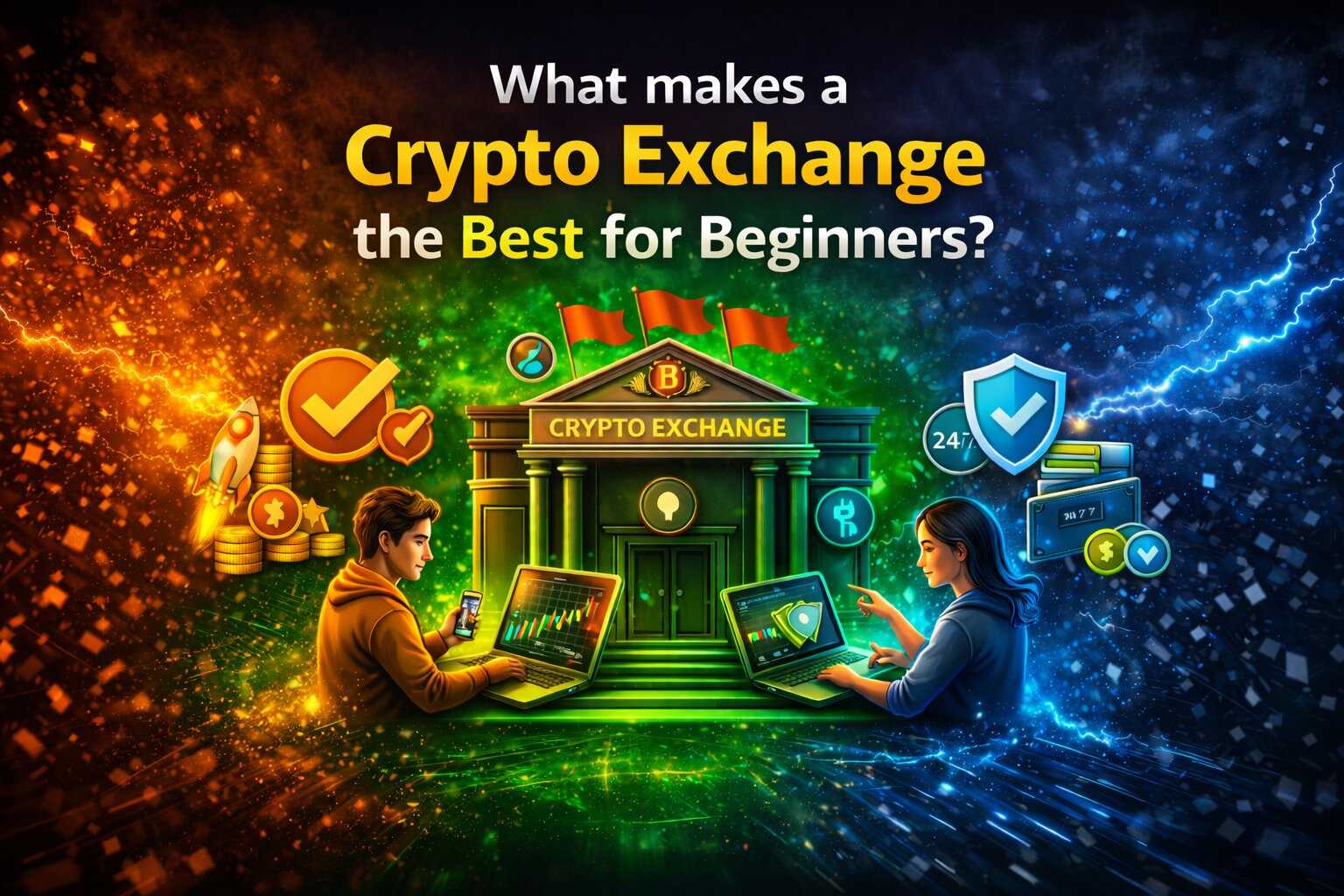 What makes a crypto exchange the best for beginners illustration with orange, green, and blue gradient background, featuring a central exchange building, two beginner traders using laptops, and icons representing ease of use, security, and growth.