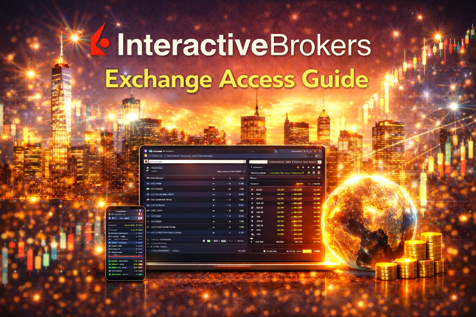 Bright 16:9 landscape illustration for Interactive Brokers Exchange Access Guide, featuring a glowing global trading scene with a city skyline, sparkling market charts, a luminous globe, gold coins, and trading devices showing access to international exch