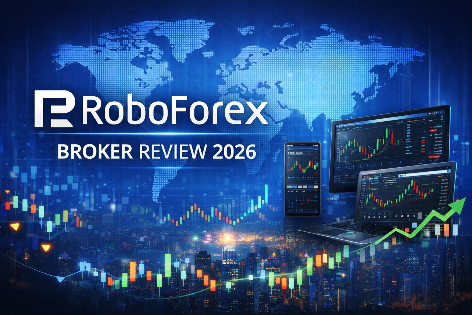 RoboForex broker review 2026 cover image with official-style RoboForex logo, trading platform screens, forex charts, and blue financial background.