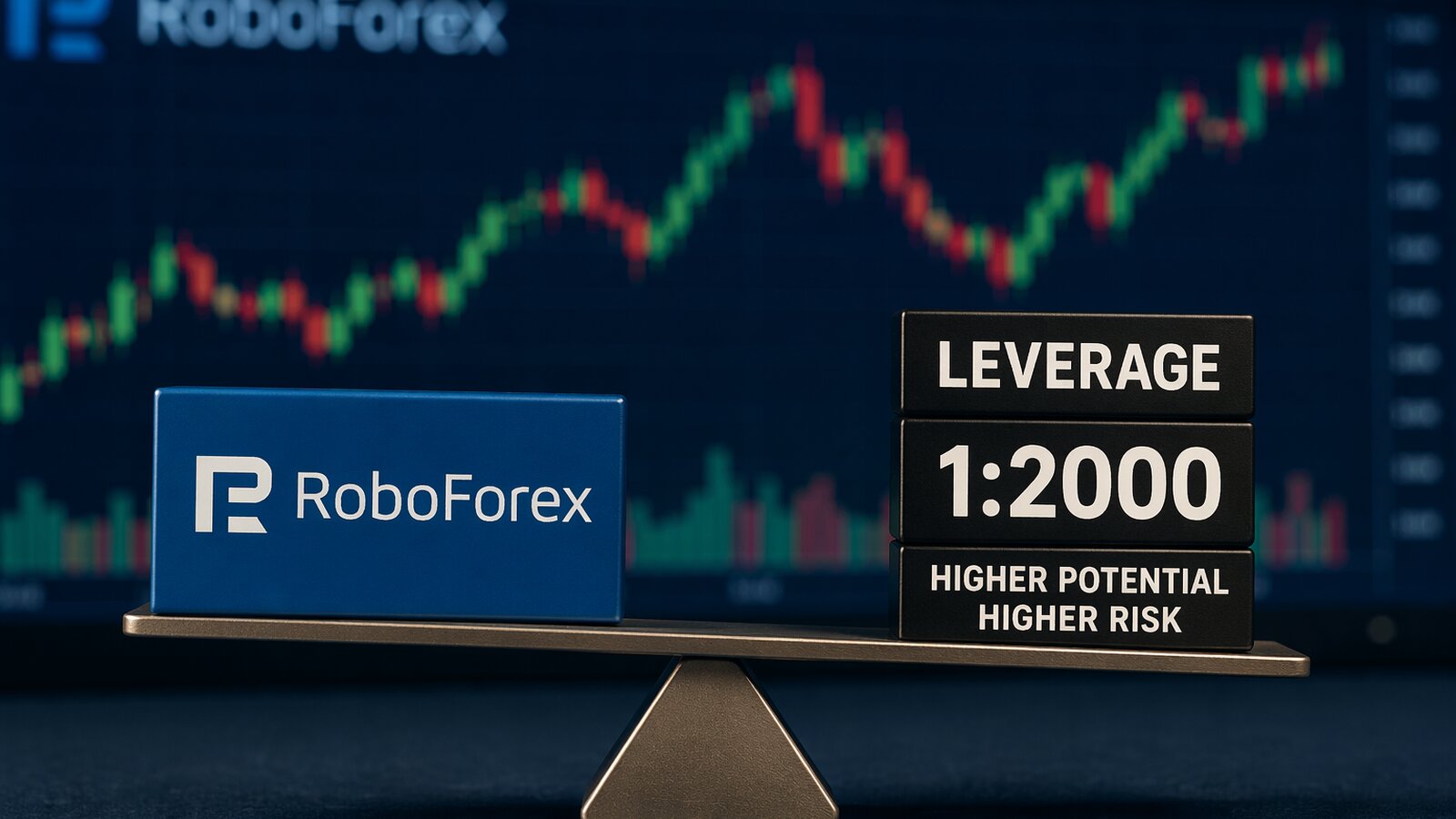 RoboForex leverage concept image showing a balance scale, trading chart background, and 1:2000 leverage with higher risk