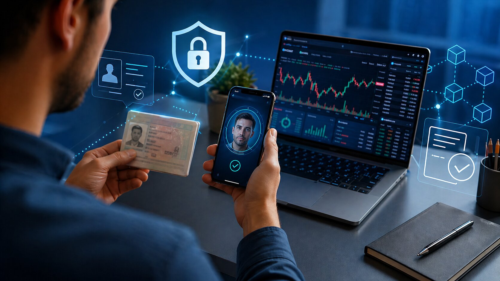 Person completing KYC identity verification with an ID card and smartphone while using a crypto trading platform on a laptop.