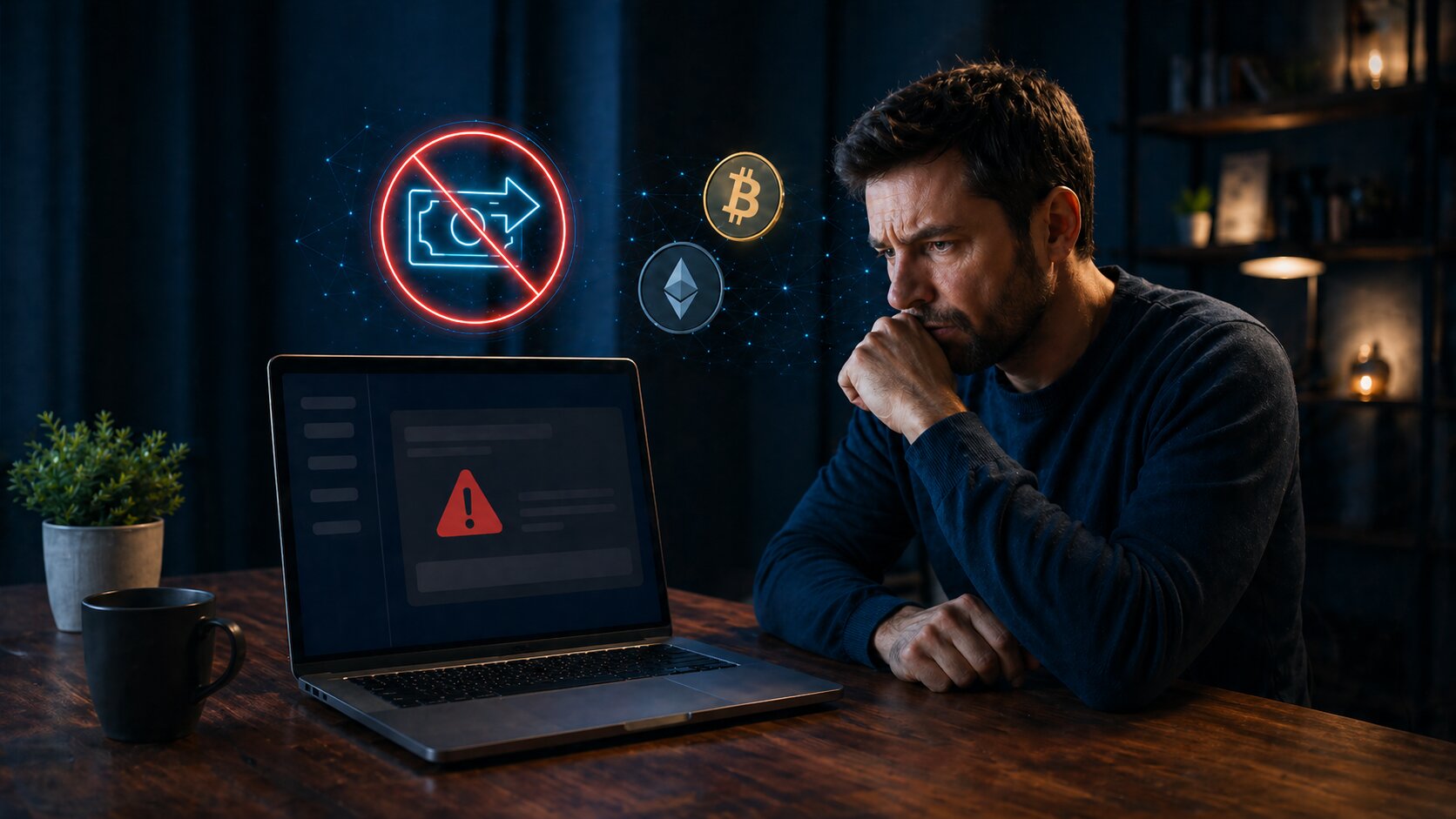 A concerned user looking at a laptop with a crypto withdrawal warning, blocked cash-out symbol, and Bitcoin and Ethereum icons in a dark office setting.