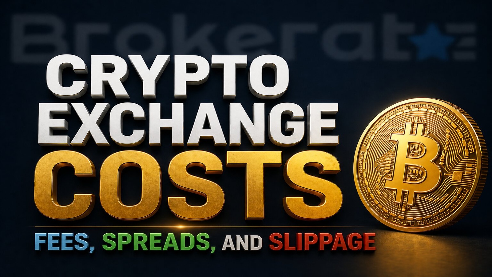 Crypto exchange costs banner with large 3D text, a gold Bitcoin coin, and the subtitle “Fees, Spreads, and Slippage” on a dark Brokerate-branded background.
