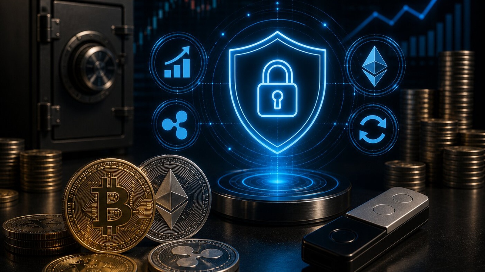 Crypto security concept with Bitcoin and Ethereum coins, a hardware wallet, a safe, and a glowing digital lock shield symbolizing secure crypto storage.