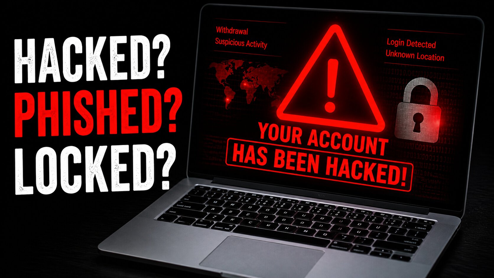 Dark cybersecurity thumbnail showing a laptop with a red warning triangle and “Your Account Has Been Hacked” alert on screen, alongside bold text “Hacked? Phished? Locked?” and indicators of suspicious login activity on a black background.