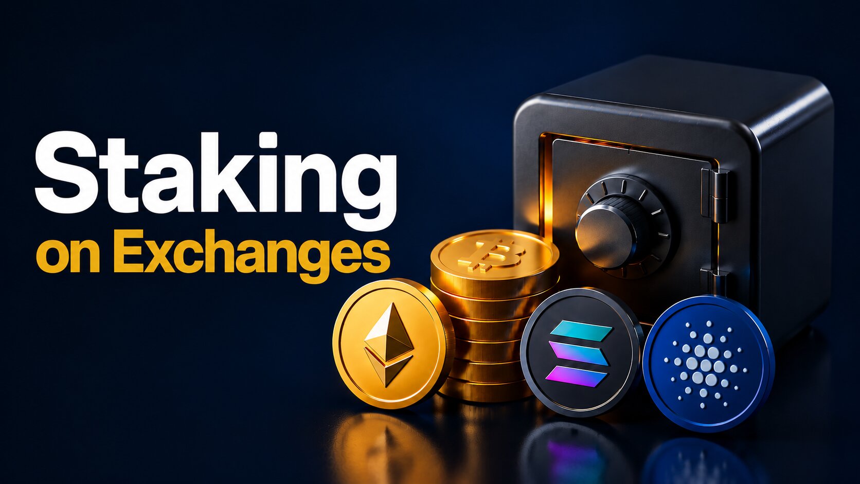 3D-rendered crypto staking scene with dark blue background, metallic safe, gold Bitcoin coins, Ethereum, Solana, and Cardano coins, and bold text ‘Staking on Exchanges’.