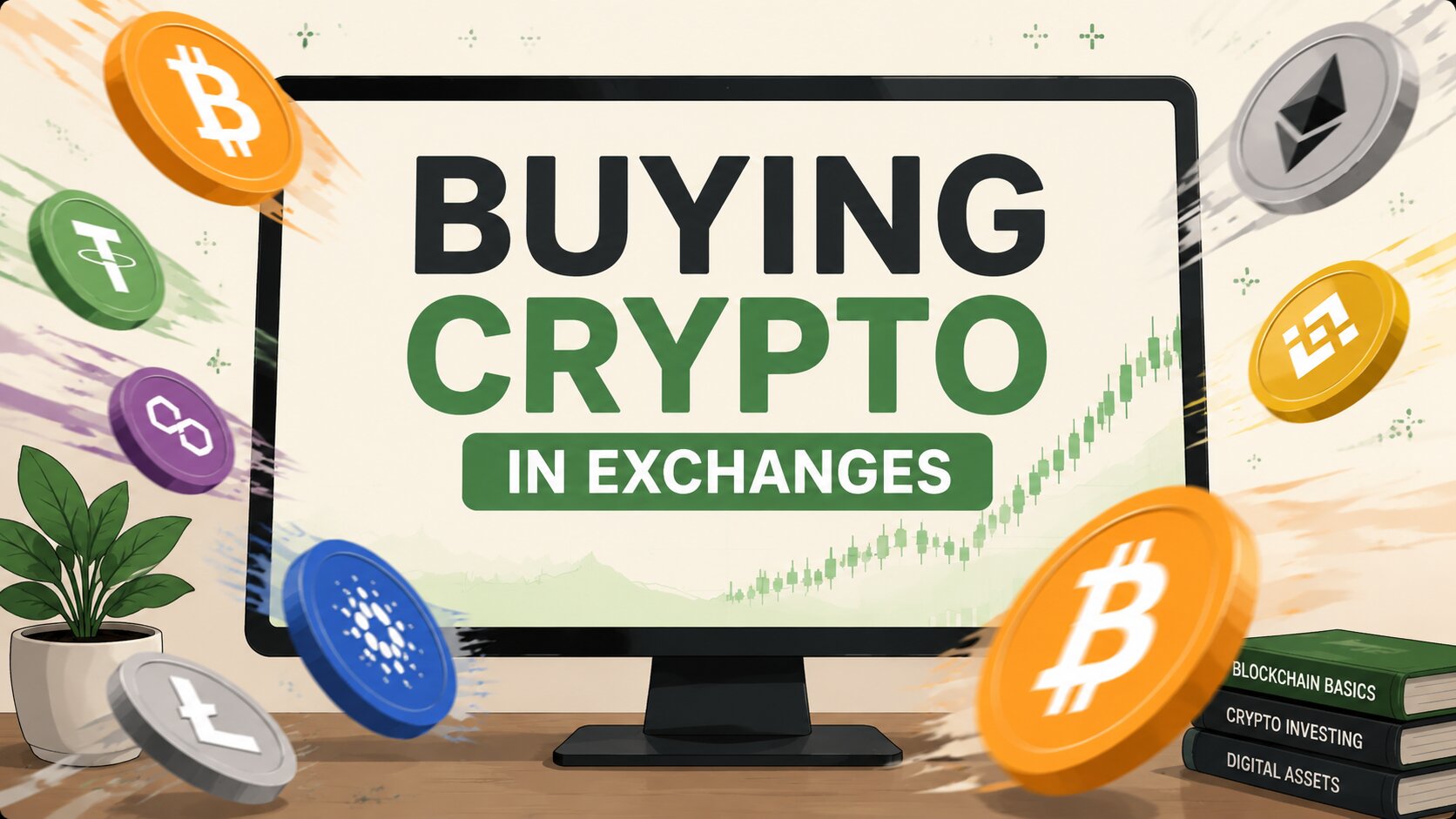 Minimalist desktop with large monitor displaying 'Buying Crypto in Exchanges' and flying cryptocurrency coins, set in a clean, tech-themed workspace.