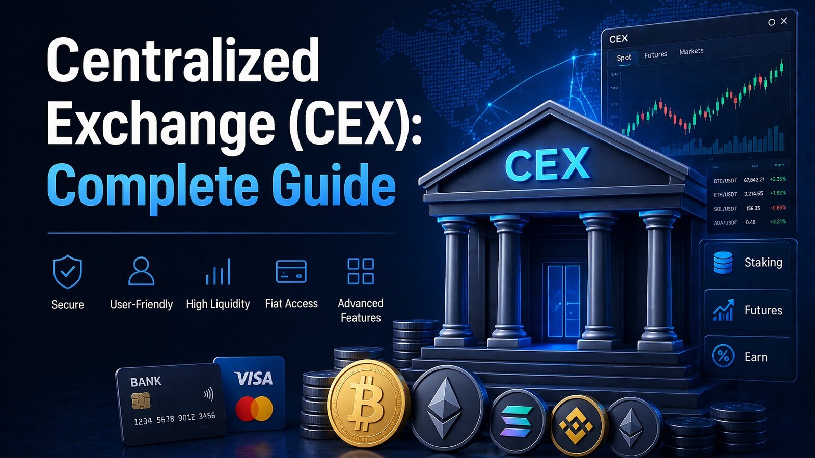 Centralized Exchange (CEX) complete guide cover showing a digital exchange building, crypto coins, trading chart, fiat access, security, staking, futures, and earn features on a dark blue crypto-finance background.