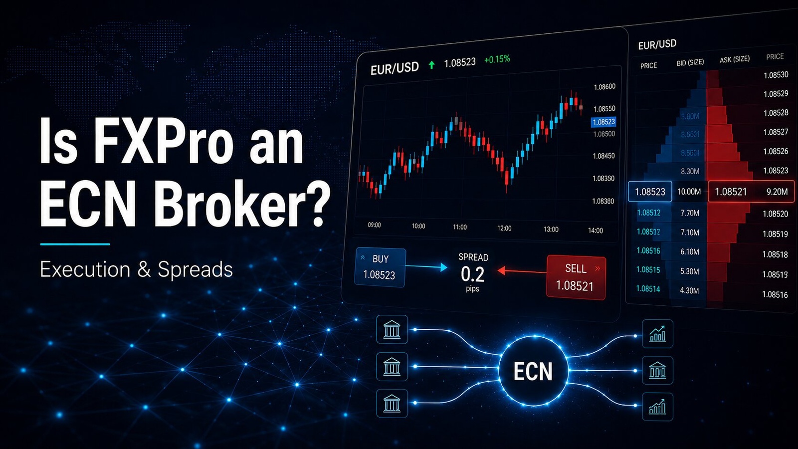 FXPro ECN broker article header showing EUR/USD trading charts, bid-ask spread data, liquidity depth, and ECN execution network on a dark forex trading background.