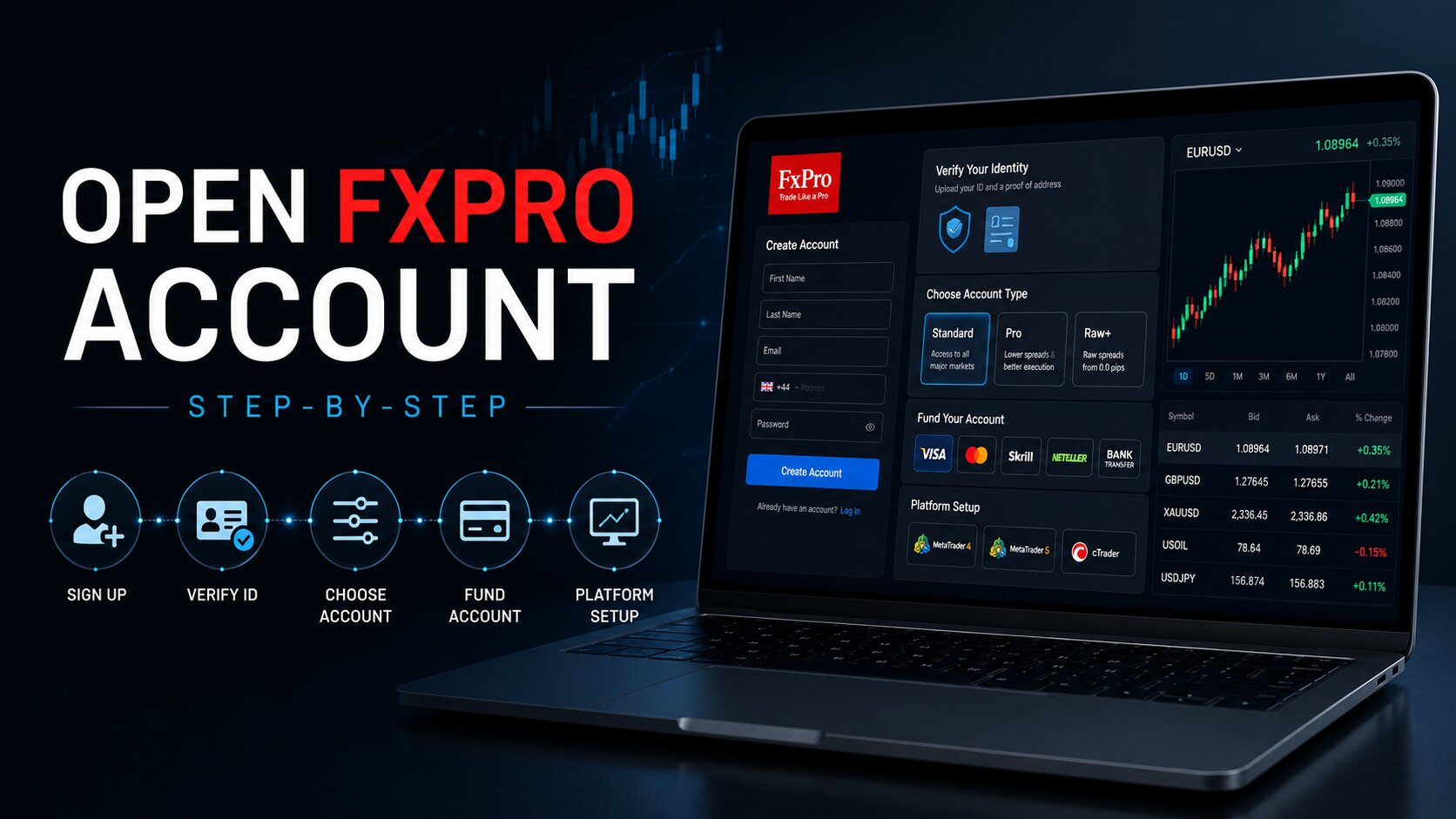 Cover image showing an FXPro account opening process with a laptop dashboard, sign-up form, ID verification, account type selection, funding options, and trading platform setup.