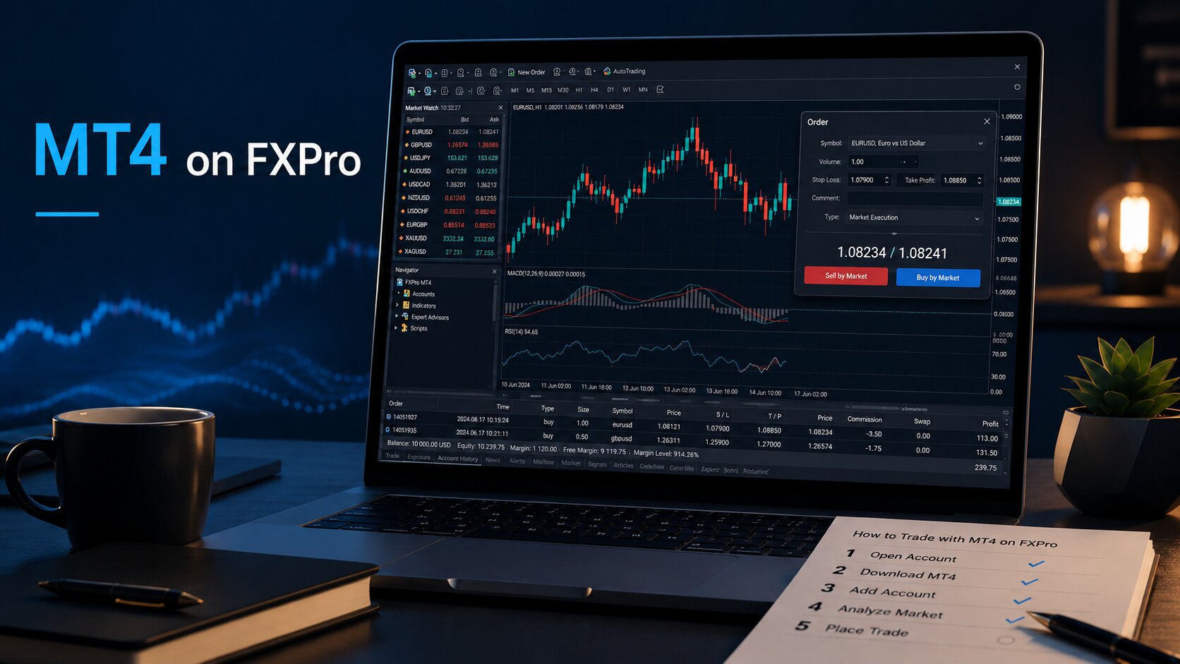 MT4 on FXPro article header showing a laptop with a forex trading platform, EUR/USD chart, order panel, and trading checklist on a dark modern desk setup.