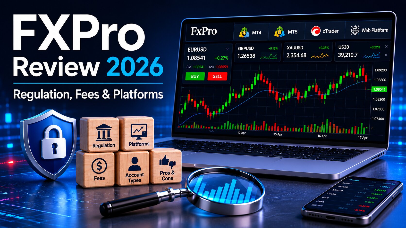 FXPro Review 2026 article header showing a laptop with trading charts, platform options, regulation shield, fees and account type blocks, magnifying glass, and mobile trading app on a dark blue financial background.