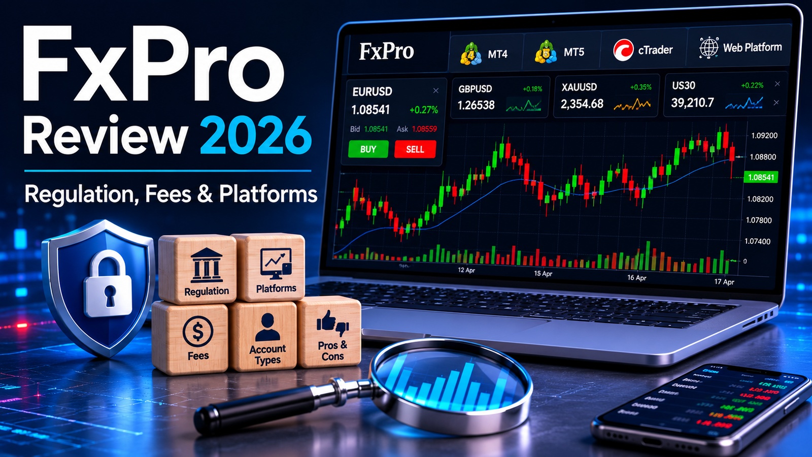 FXPro for Beginners article header showing a laptop with forex trading charts, FxPro Wallet mobile app, beginner checklist, demo account guidance, platform setup, and risk management icons.