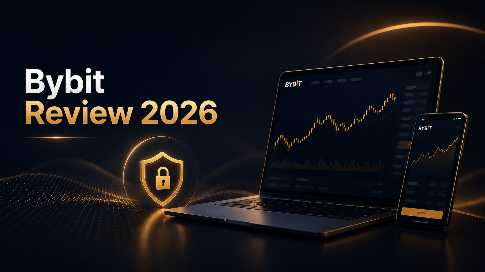 Bybit Review 2026 article cover showing a dark crypto trading dashboard, laptop, mobile app, and security shield symbol representing safety, fees, KYC, withdrawals, features, and risks.