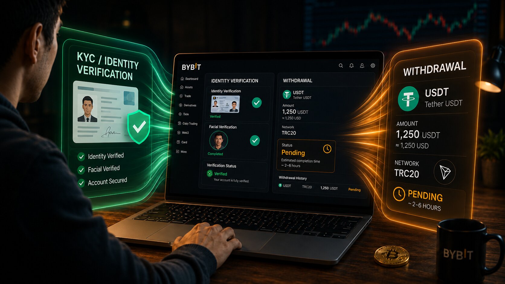 User reviewing a Bybit-style crypto dashboard with large KYC identity verification and withdrawal panels flowing into a laptop screen, showing verification status, USDT withdrawal details, limits, and pending transaction status.