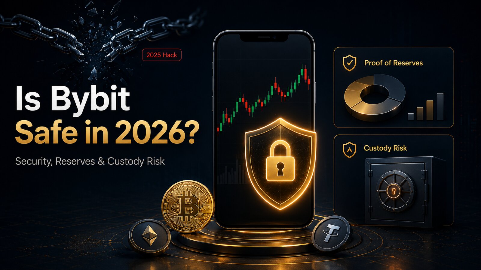 Bybit safety 2026: smartphone with candlestick chart, glowing shield, crypto coins, ‘Proof of Reserves’ and ‘Custody Risk’ panels, broken chain labeled ‘2025 Hack’, dark background with gold accents.