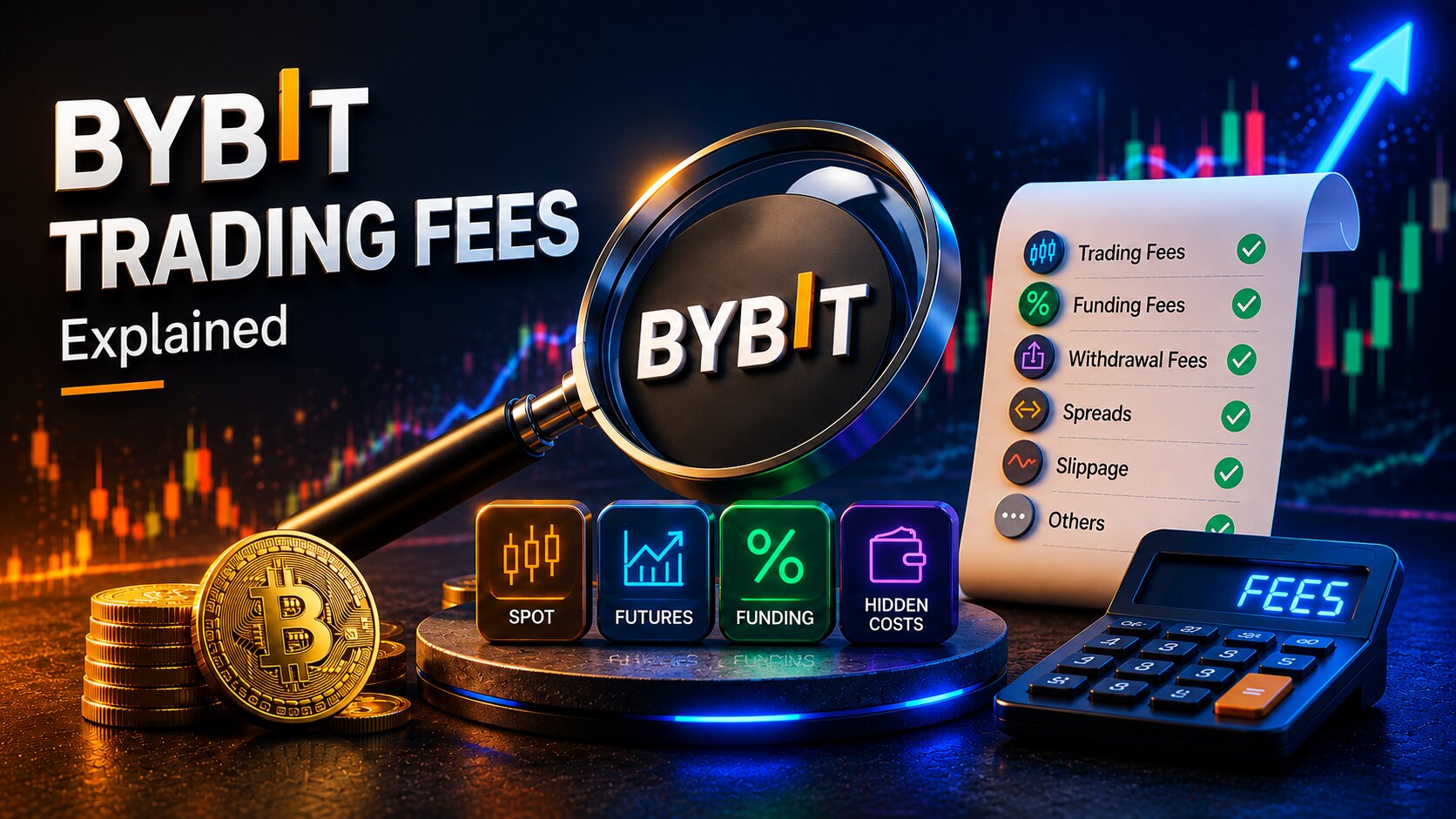 Bybit trading fees 3D infographic with coins, calculator, paper list, and upward trend chart on blue background.
