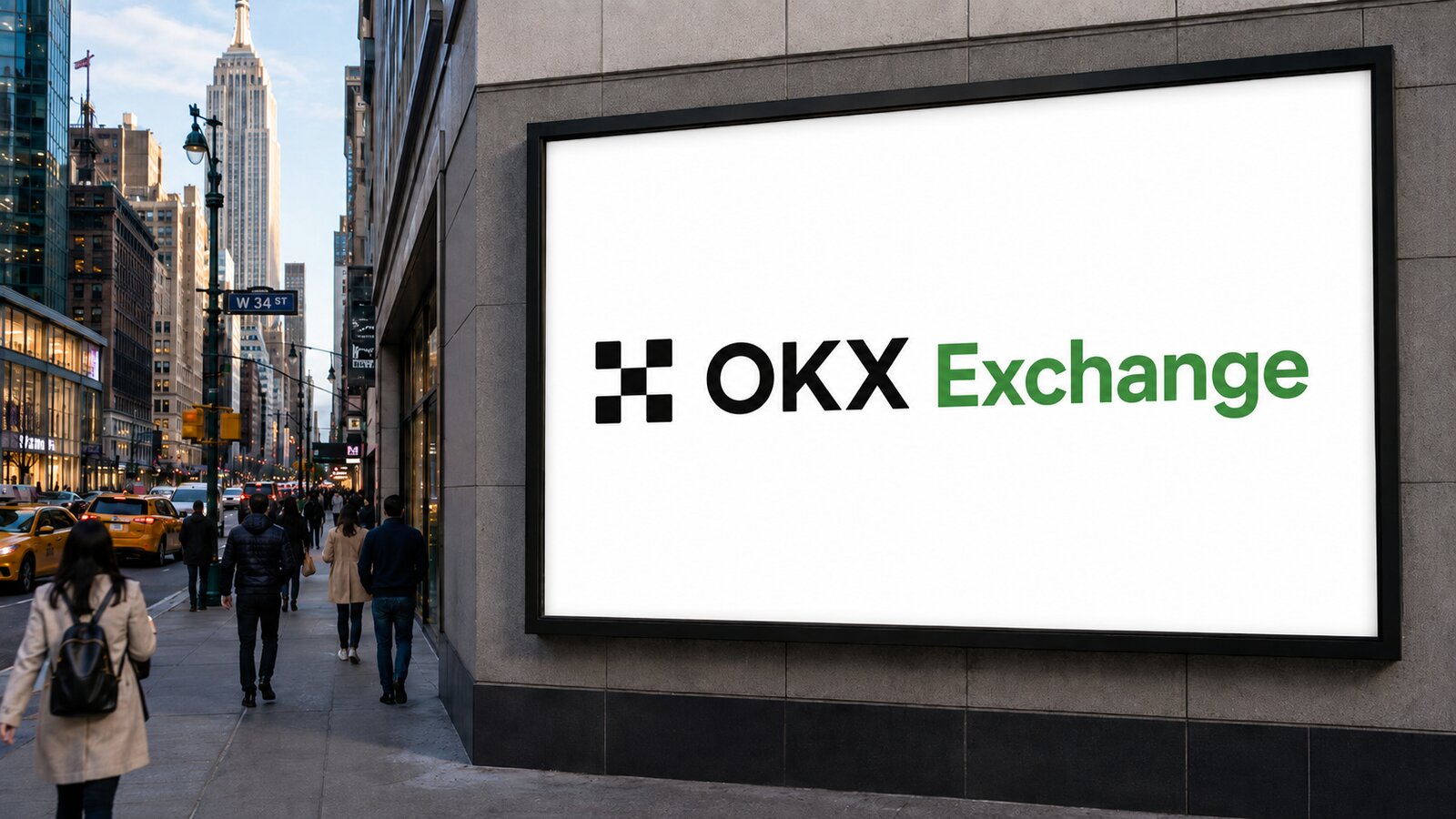 OKX Exchange title and logo displayed on a large digital billboard on a New York street.