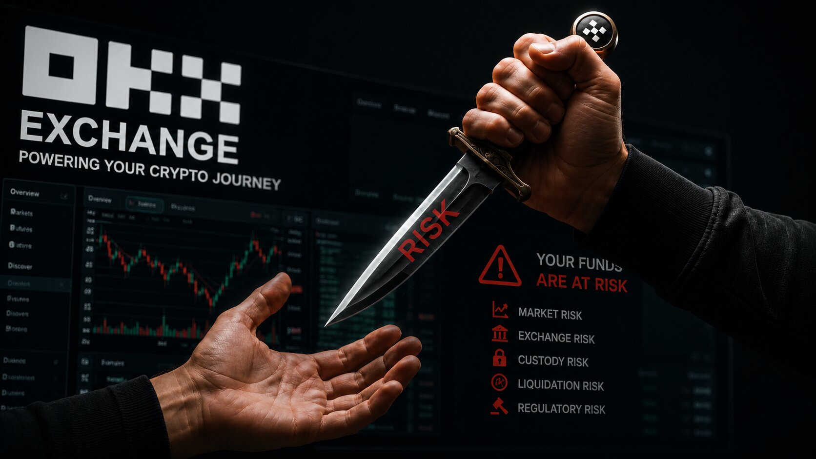 A hand holding a dagger labeled risk above an open hand, with OKX exchange branding and crypto risk warnings in the background.