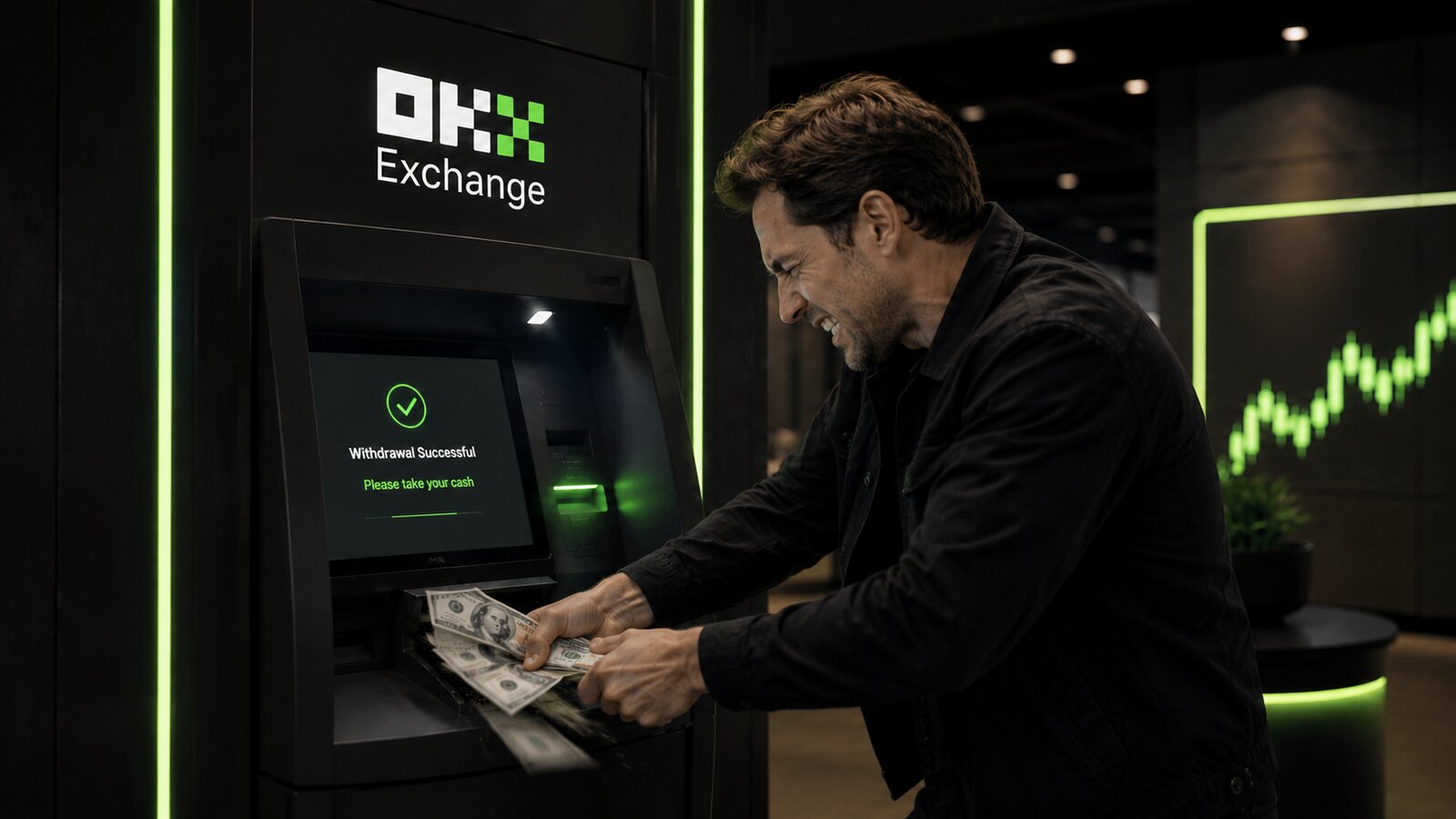 A man forcefully pulls cash from an ATM branded as OKX Exchange, representing withdrawal pressure, cash-out difficulty, and access-to-funds risk.