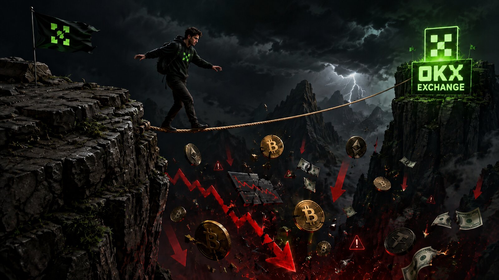 A man carefully walks on a rope across a dangerous valley filled with falling crypto coins, red loss arrows, warning signs, and an OKX Exchange platform on the other side.