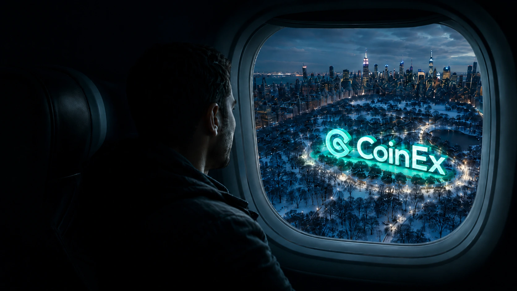A man looks out of an airplane window at snowy Central Park and the New York skyline at night, where a large glowing CoinEx sign shines in the park.