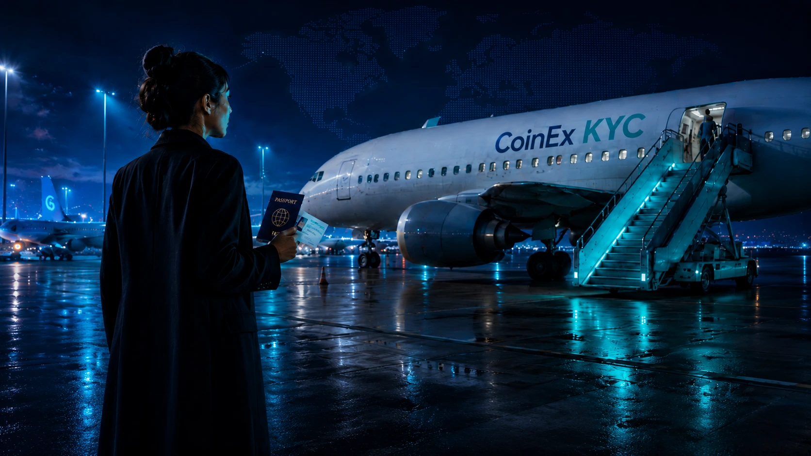 Woman holding passport and ID at night airport, walking toward a “CoinEx KYC” airplane under a blue futuristic sky.