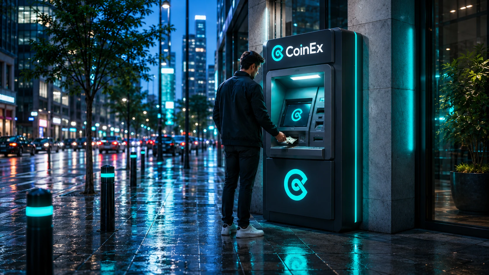 Man withdrawing cash from a CoinEx-branded ATM on a rainy city sidewalk at night.