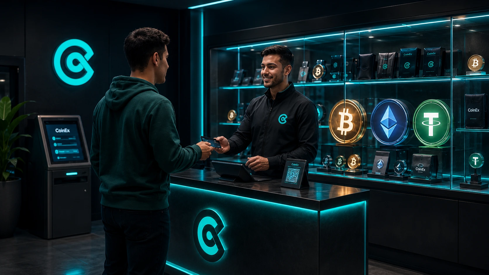 Man speaking with a CoinEx seller at a crypto counter, with Bitcoin, Ethereum, and USDT displays behind the seller.
