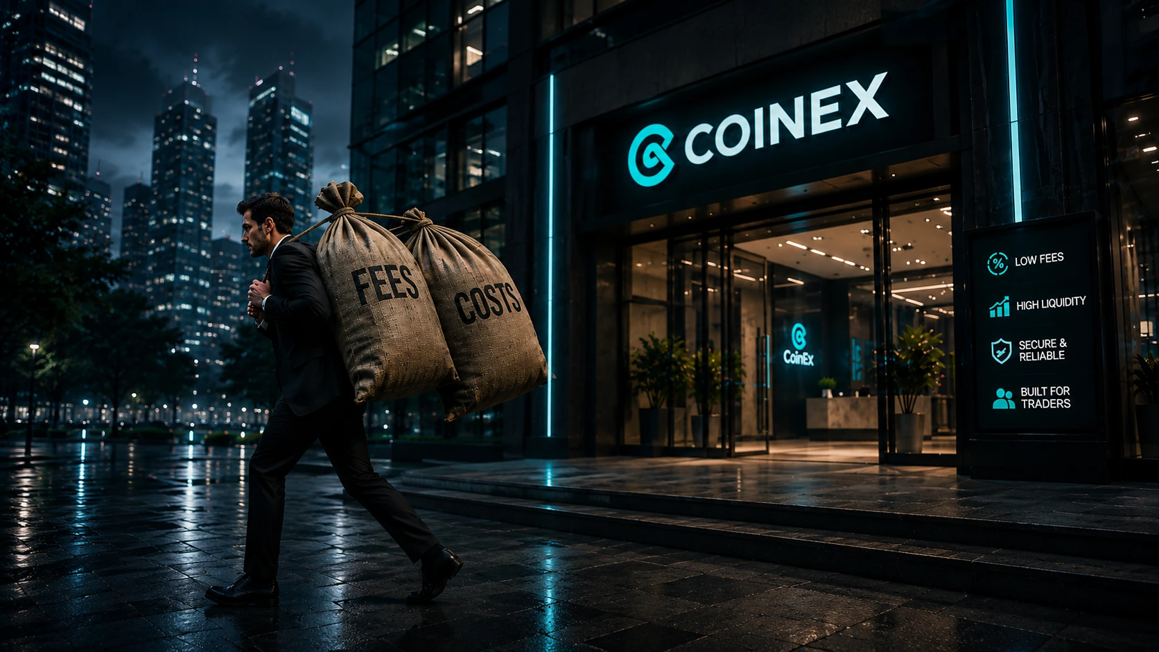 Man leaving a CoinEx building carrying two heavy bags labeled “Fees” and “Costs.”