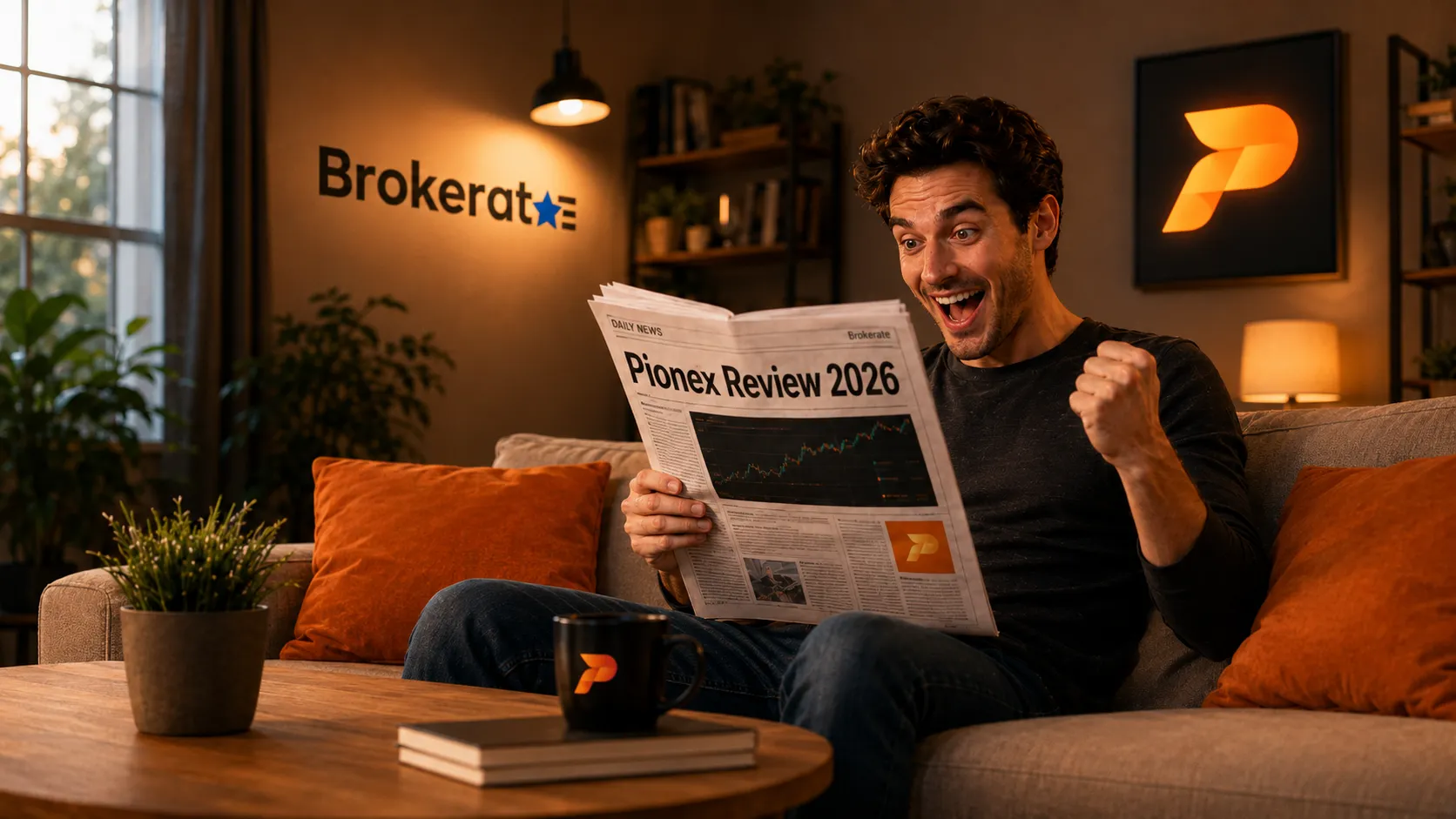 Excited man sitting on a couch and reading a newspaper titled “Pionex Review 2026,” with a crypto price chart on the page, Brokerate branding on the wall, and warm orange Pionex-themed decor.