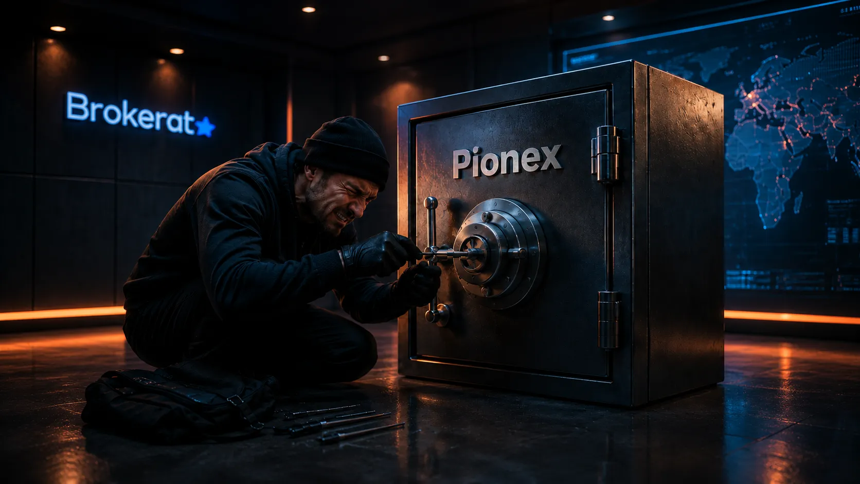 A thief in dark clothing unsuccessfully tries to open a locked Pionex safe using tools in a high-tech room, while the Brokerate logo glows on the wall behind him.