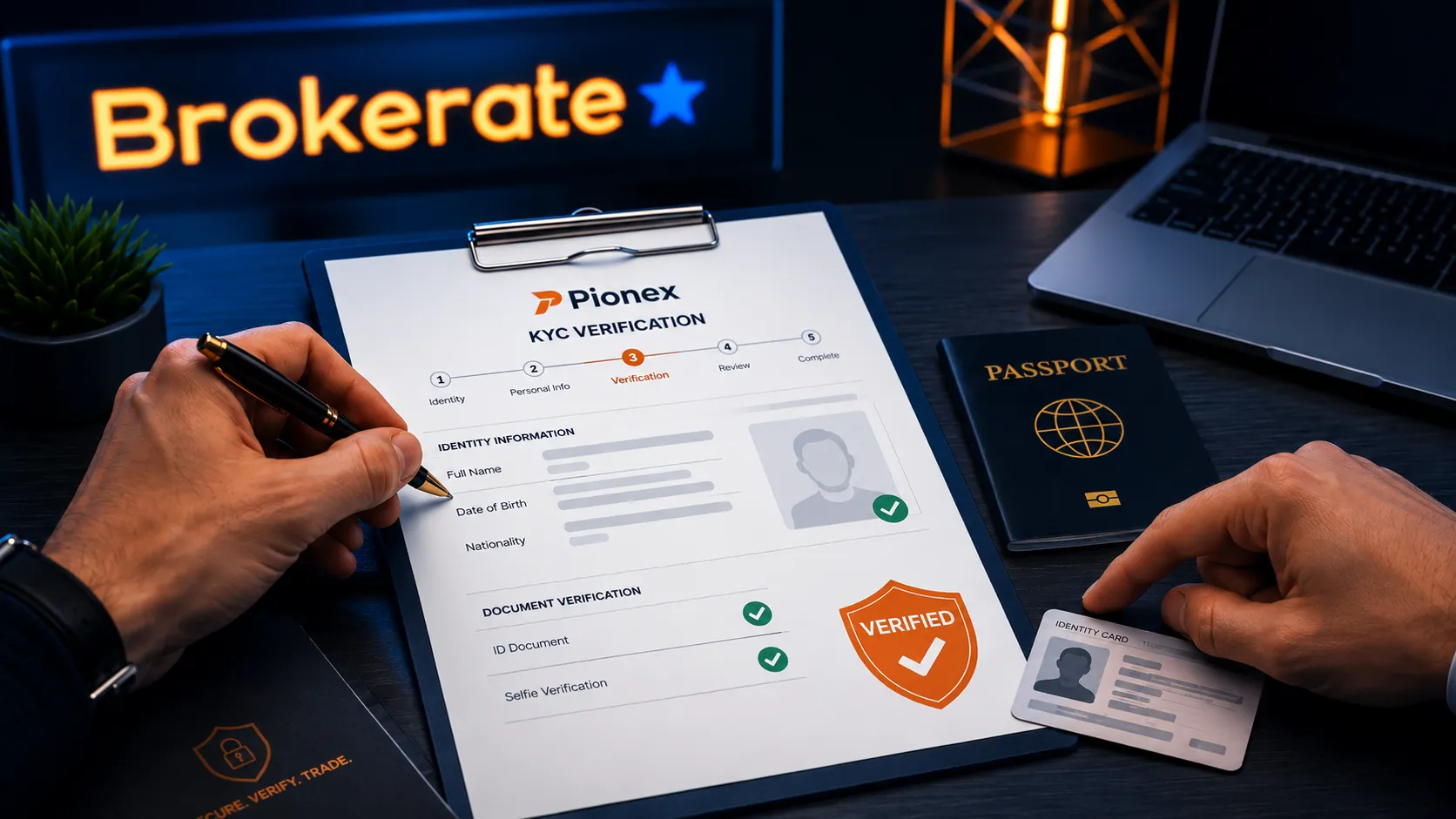 Two hands review a Pionex KYC verification form beside a passport and identity card on a desk, with the Brokerate logo glowing in the background.