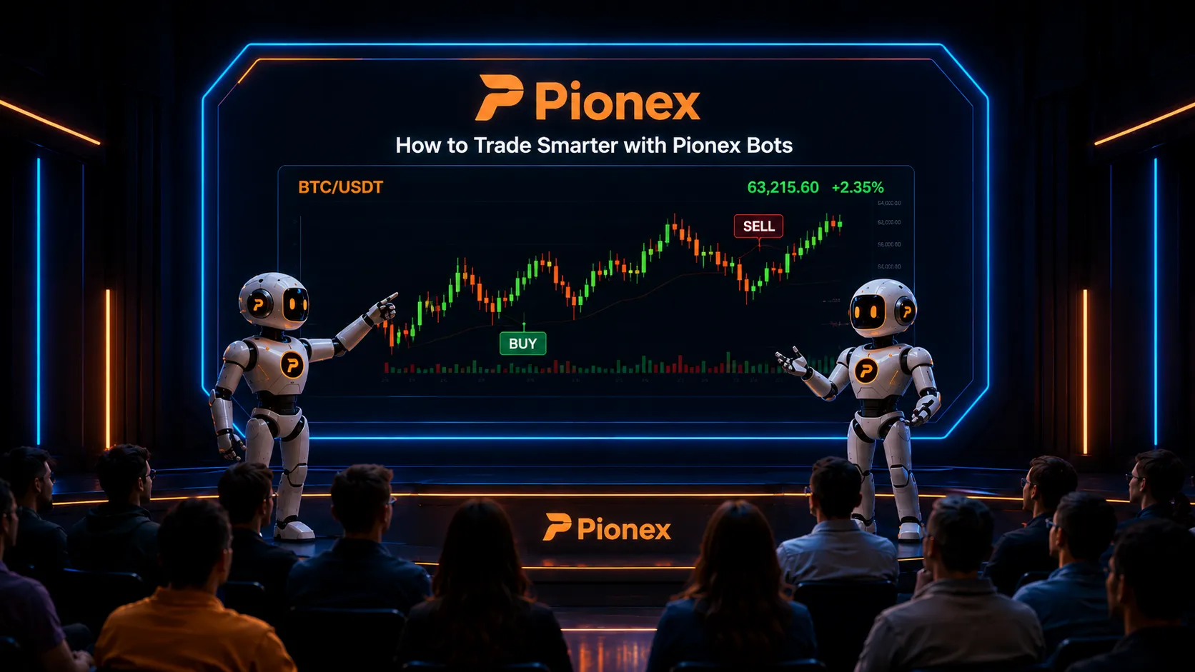 Two humanoid robots stand on a futuristic stage, teaching an audience how to trade with Pionex bots using a large BTC/USDT chart with buy and sell signals.