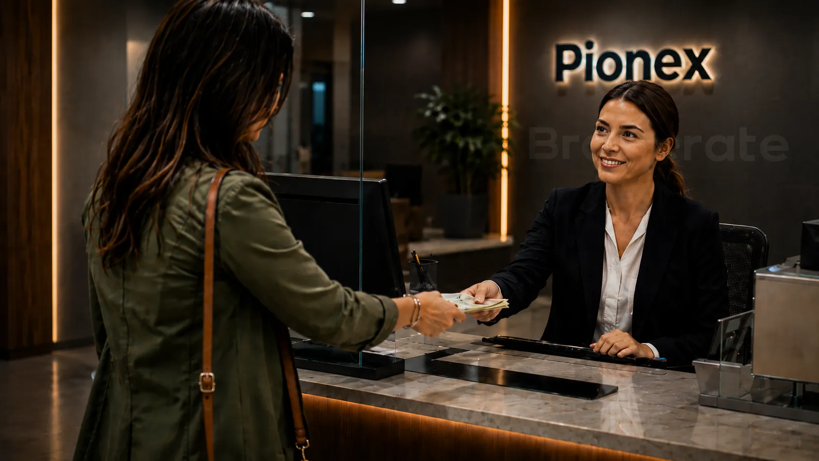 Cinematic modern bank-style reception at Pionex where a customer hands cash across a glass counter to a smiling bank employee, with a sleek office interior, marble desk, warm lighting, and a subtle Brokerate watermark in the background.