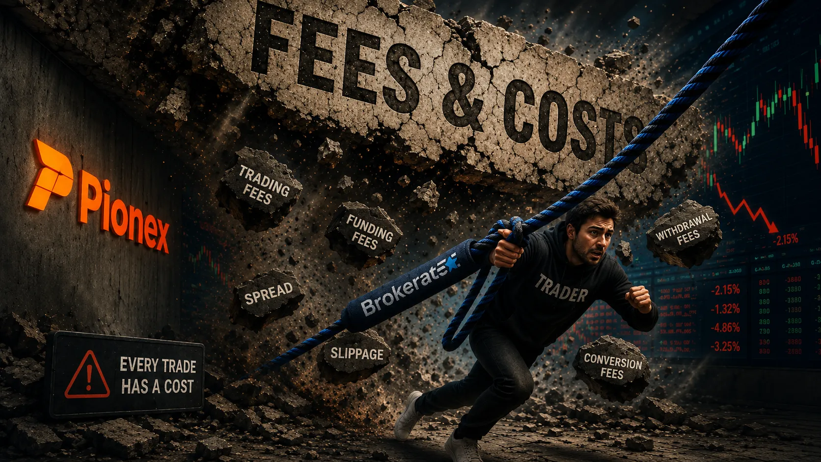Trader running from a collapsing roof labeled ‘fees & costs’, while a rope labeled ‘Brokerate’ pulls him to safety.