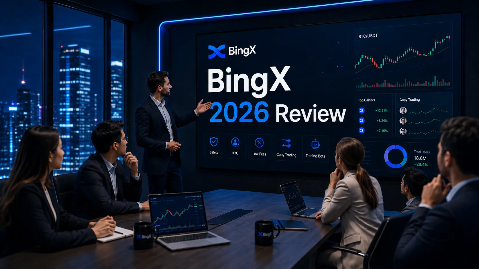 Employees watch a “BingX 2026 Review” presentation on a large TV wall during a modern corporate meeting.
