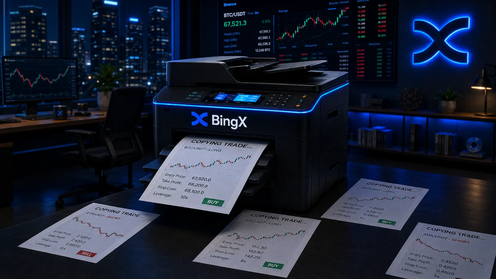 BingX-branded copy machine printing crypto trade sheets in a blue-lit trading office.